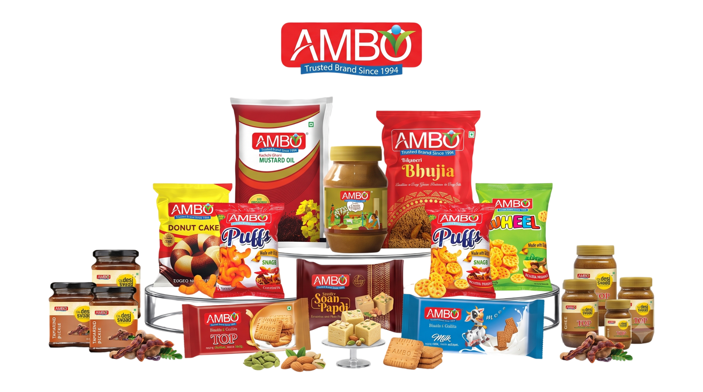 AMBO product range — oils, ghee, atta, namkeen, personal care